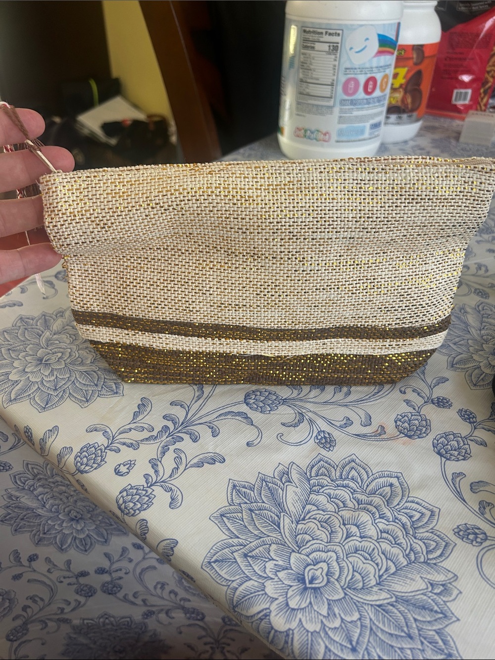 Woven Metallic Accent Wristlet Clutch - Gold and Cream